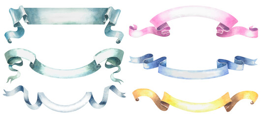 Watercolor ribbon set. Hand drawn stripes or banners for text