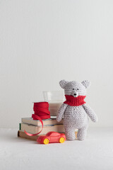 Crochet knitting cute teddy bear with books and a toy