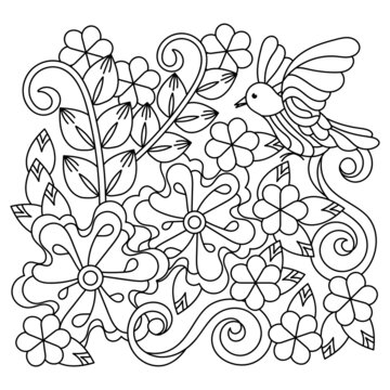 Flowers and bird for adult coloring page. Floral pattern, hand drawn vector illustration