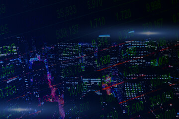 Stock exchange, trade, stock market, banking, concept. Blue glowing background with numbers and high buildings in background