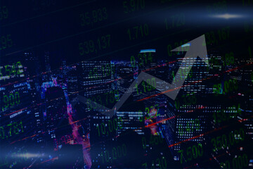 Blue background with high buildings and stock exchange numbers with chart arrow. Worldwide economy growth concept