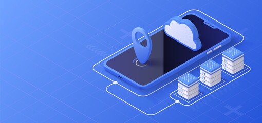 Cloud storage isometric illustration. Data server platform. Computer service technology. Network infrastructure.