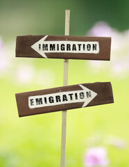 Immigration-Emigration on a wooden signpost on a natural green background.copy space.