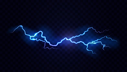 Neon electric lightning realistic effect, isolated on black background. Vector illustration, flash with powerful voltage. Stormy and rainy weather, glowing and shining blazing or blast