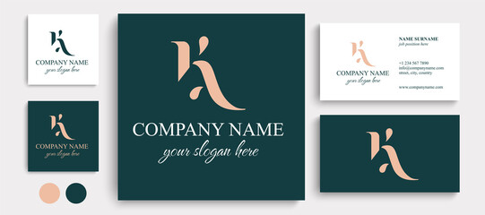 AK, K letter monogram. Elegant luxury KA logo. Calligraphic style. Vector design. Luxurious linear creative monogram.