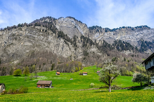 Muotathal, Dorf, Wanderweg, Muota, Fluss, Muotatal, Bergtal, Pragelpass, Landwirtschaft, Felder, Fr&uuml;hling, Schwyz, Schweiz