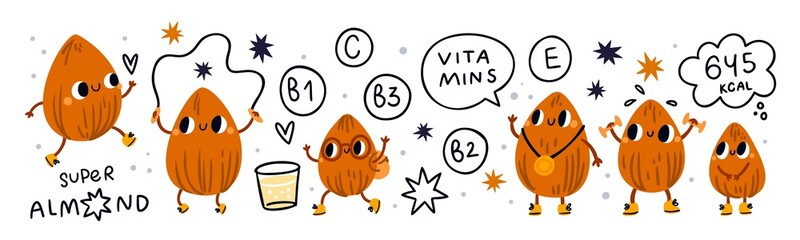 Cute almond. Funny nut character. Healthy nutrition. Athletic lifestyle. Sport and vitamins. Natural superfood snack. Nutrients and calories. Vector cartoon fitness mascots actions set
