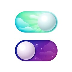 Day and night switch button. Morning and evening toggles. Dark and light. On and off slide positions. Lighting adjustment. Panel regulators. Vector realistic web interface elements set