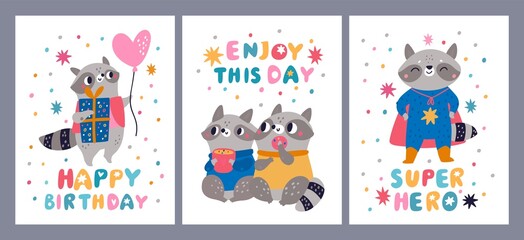 Funny raccoon cards. Little cute animals. Birthday banners. Furry wild creatures. Superhero costumes and holiday gifts. Cartoon characters couple with cup and donut. Vector postcards set © VectorBum