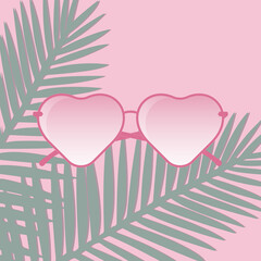 Pink heart-shaped sunglasses on green palm leaf, isolated on pink background. Hand drawn, vector eps 10.