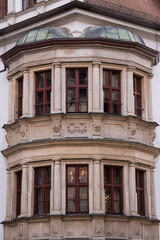 Munich, Germany - December 19 2021: Street view of the facade of the building in Munich downtown on Winter day.