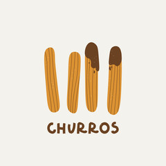 Logo for churreria. Churros and chocolate. Spanish traditional pastries for breakfast. Vector illustration for design and handwritten text.