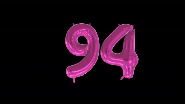 Anniversary Celebration Helium Balloon with Number 94. Loop Animation with Alpha Channel Prores 4444.