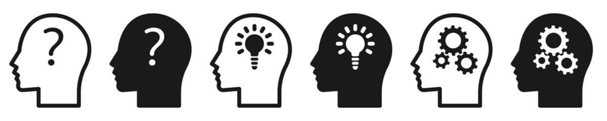 Set of thinking icons. Head with gears, light bulbs and question marks. Intelligent problem solving skills, creative thinking, logical thinking. Brain idea concept. Vector illustration.