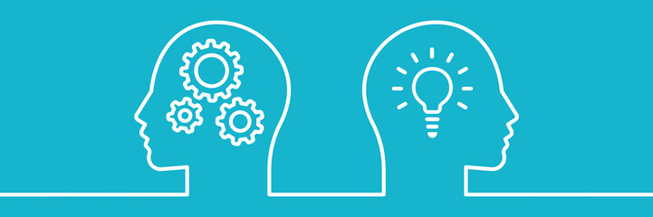 Human head with light bulbs and gears. Two human heads in a linear style, idea. Vector illustration.