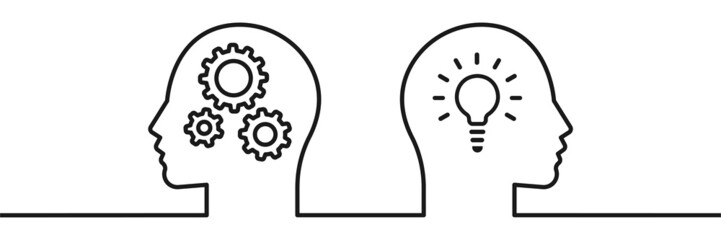 Human head with light bulbs and gears. Two human heads in a linear style, idea. Vector illustration.