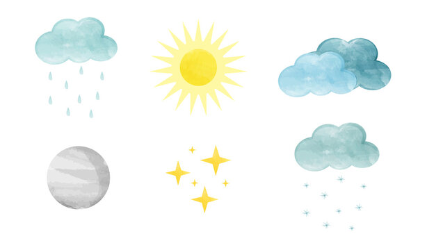 weather icons set / watercolor icons / clouds / stars / rain / kids illustration