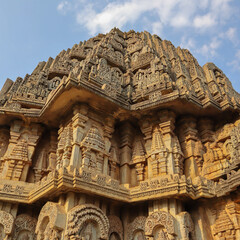 A Close up picture of the three dimensional carvings on the main sanctum of the heritage Shiva...