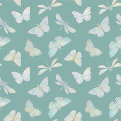 Digitally processed seamless botanical pattern. Raster texture of animalistic design. Delicate watercolor butterflies collected in a seamless pattern for design.