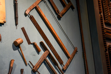 Various traditional woodworking tools close-up