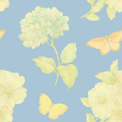 Delicate watercolor flowers collected in a seamless pattern for design. Digitally processed seamless floral pattern.