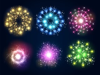 Realistic fireworks. Different shapes and colors pyrotechnics explosions. Firecracker flashes. Holiday entertainment. Sky petard burst. Festive salute. Vector carnival night lights set