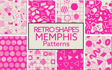 Seamless geometric repeat memphis modern patterns collection. Graphic print background abstract shapes