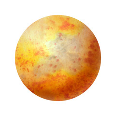 Abstract planet in bright orange color, similar to mars, isolate on a white background. Watercolor drawing of the planet mars on paper. Background in a circle.