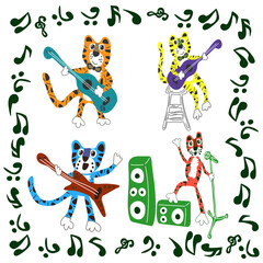 Four tiger musicians surrounded by musical symbols. Postcards, illustrations for children's books or prints for children's clothing