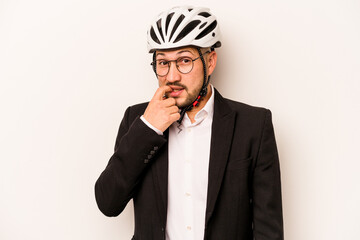 Business hispanic man wearing a helmet bike isolated on white background biting fingernails, nervous and very anxious.