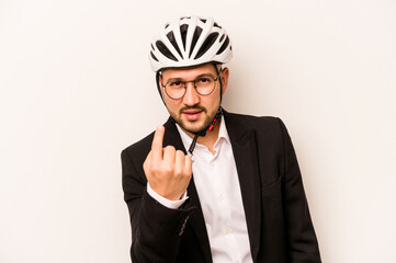 Business hispanic man wearing a helmet bike isolated on white background pointing with finger at you as if inviting come closer.