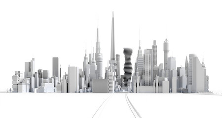 Fototapeta na wymiar Modern city with skyscrapers. Office and residential blocks, financial area. 3D rendering illustration, panoramic view