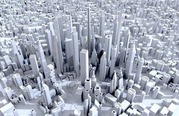Modern city with skyscrapers.  Office and residential blocks, financial area. 3D rendering illustration, panoramic view