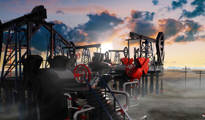 Oil pump, oil industry equipment, drilling derricks silhouette from oil field at sunset. Energy supply crisis, power supply. 3D rendering illustration with dramatic sky and beautiful reflections 