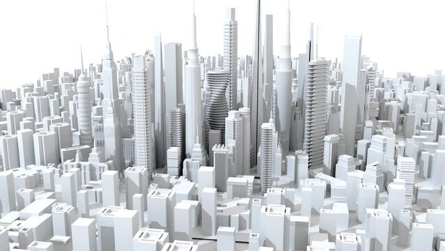 Modern city with skyscrapers.  Office and residential blocks, financial area. 3D rendering illustration, panoramic view