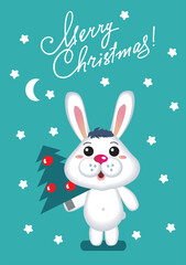 A very small rabbit with a Christmas tree on the background of snowflakes with the inscription "Merry Christmas".