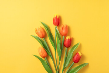 Mother's day background concept. Top view design of holiday greeting tulip flower bouquet on bright yellow table