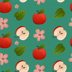 Red apple and half apple, leafs and flowers seamless pattern. Background illustration. Design for fabric, scrapbooking, packaging paper, wallpaper, wrapping, menu. Vector illustration