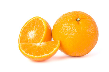 Sliced ​​oranges and whole oranges isolated on white background. (photoshoot in the studio)