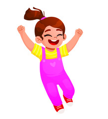 Cute happy kid girl raising and waving hands greeting in expressions and poses. smiling little girl vector character Illustration.
