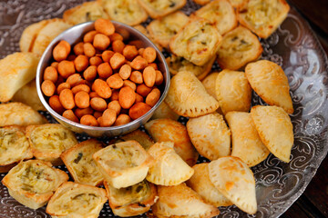 pastries on a table with snacks - party buffet with various savory foods