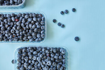 Flat lay of fresh organic juicy blueberries in a box on blue background, top view, copy space. Concept of healthy and dieting eating , antioxidant, vitamin, summer food.