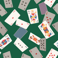 Playing cards pattern. Casino poker game symbols textile design pictures exact vector seamless colored background