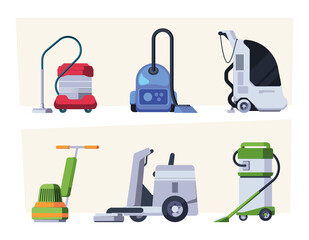 Cleaning equipment. Commercial cleaners with professional tools vacuum cleaner mops garish vector illustrations in flat style