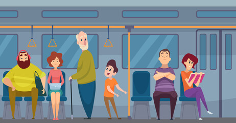 Good manners. Kid give way elderly helping to people thank each other exact vector cartoon background