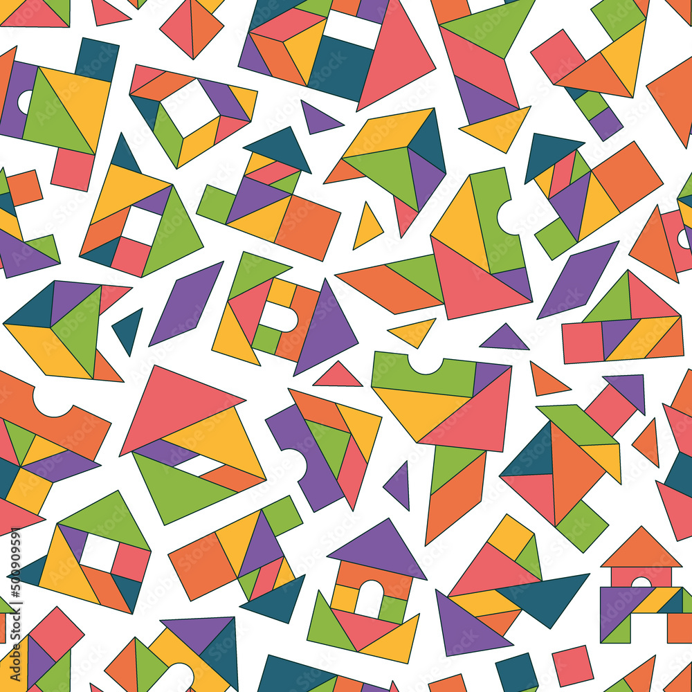 Poster tangram pattern. seamless background with geometrical forms colored triangles garish vector template