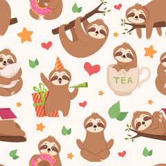 Sloth pattern. Funny lazy wild animal in various action poses exotic characters exact vector seamless background