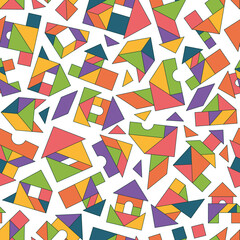 Tangram pattern. Seamless background with geometrical forms colored triangles garish vector templates for textile design projects