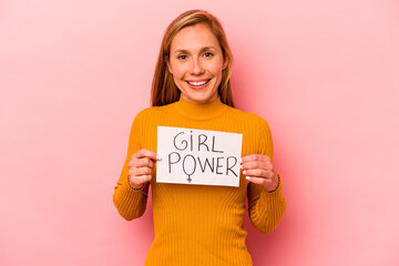 Young caucasian woman holding girl power placard isolated on pink background