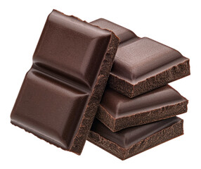Chocolate pieces stack isolated on white background, full depth of field